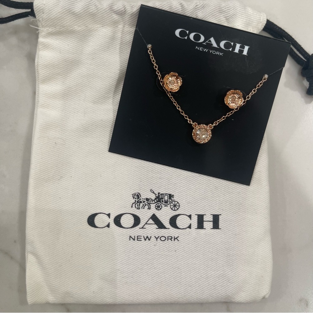 Coach rose gold flower stud earrings and matching necklace set - Picture 1 of 10